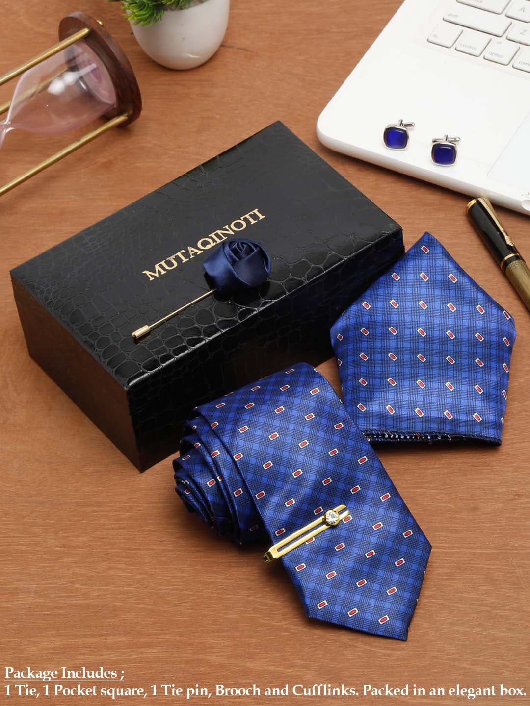 

MUTAQINOTI Men Checked & Geometric Print Silk Blend Necktie Accessory Gift Set, Blue