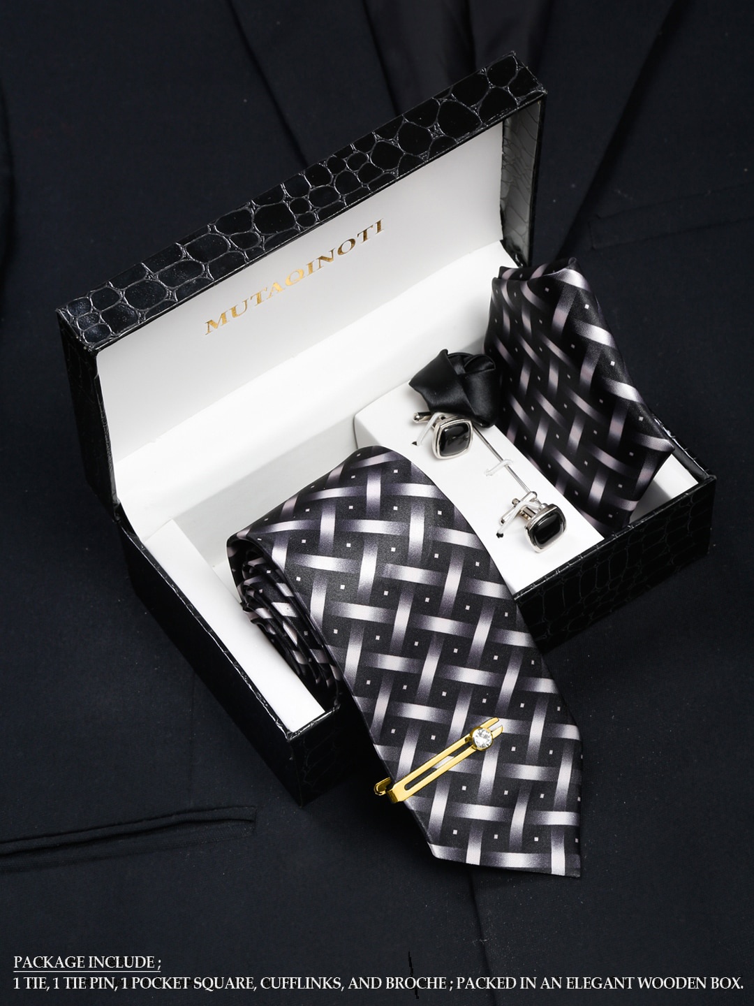

MUTAQINOTI Men Printed Necktie Accessory Gift Set, Black