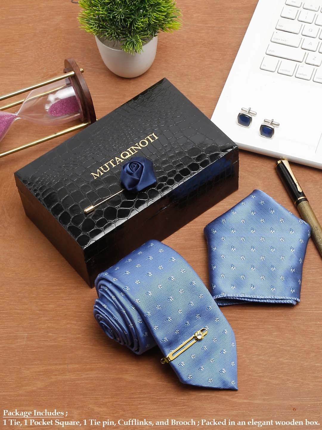 

MUTAQINOTI Men Floral Silk Necktie Accessory Gift Set, Blue