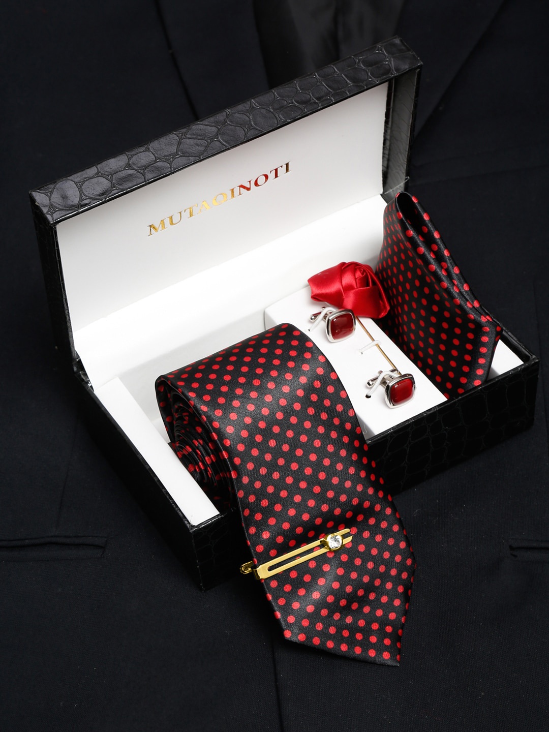 

MUTAQINOTI Men Polka Dot Necktie Accessory Gift Set, Black