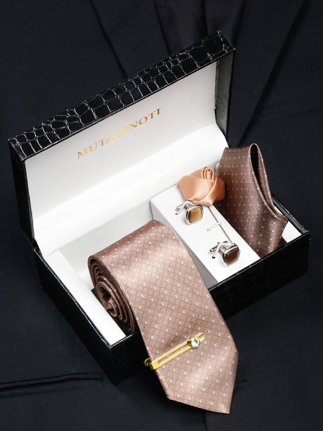 

MUTAQINOTI Men Printed Silk Blend Necktie Accessory Gift Set, Brown