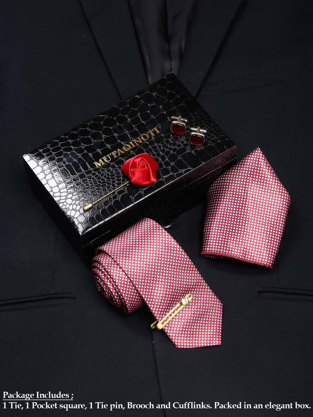 

MUTAQINOTI Men Small Checks Silk Blend Necktie Accessory Gift Set, Red