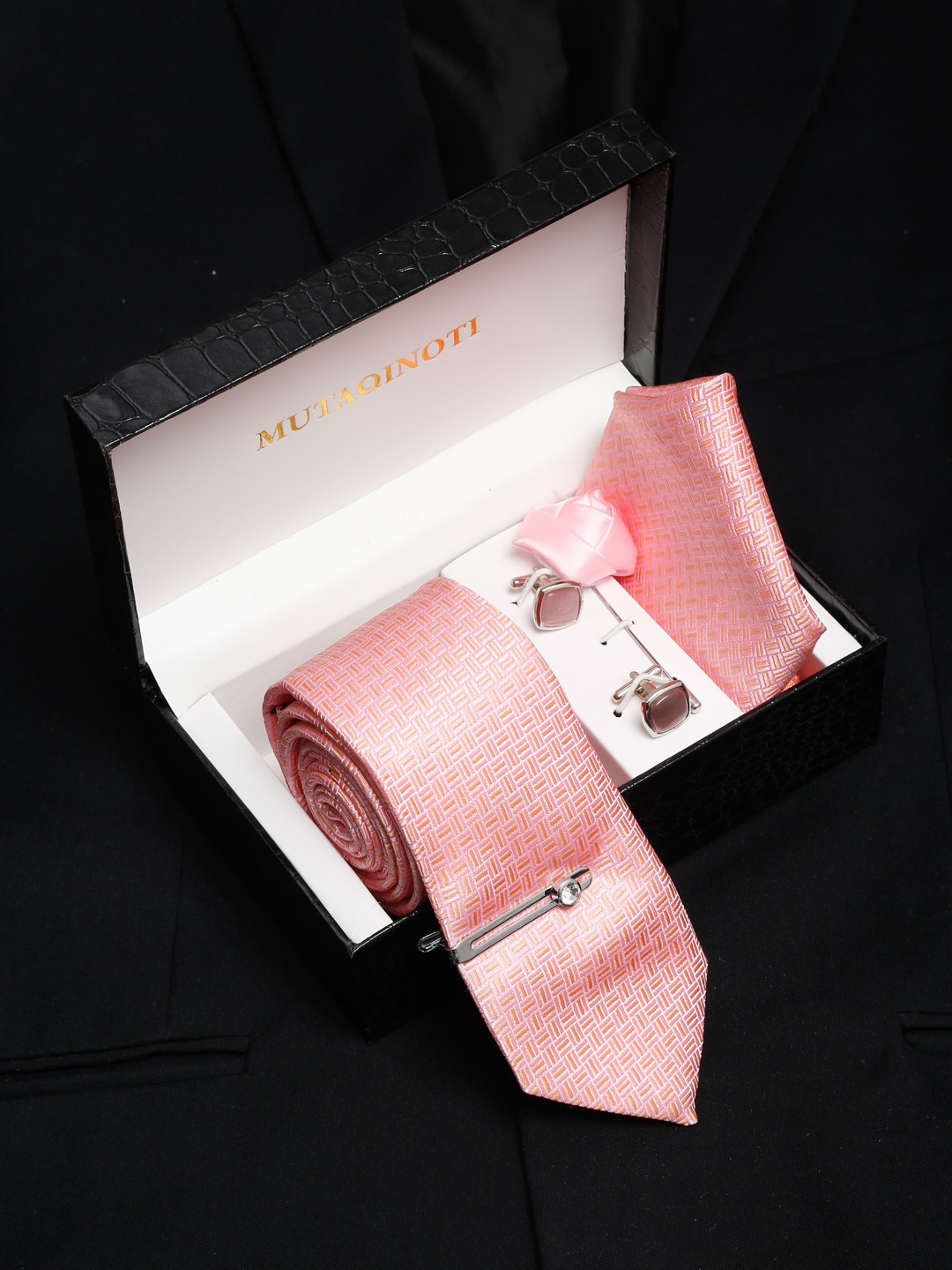 

MUTAQINOTI Men Silk Necktie Accessory Gift Set, Peach