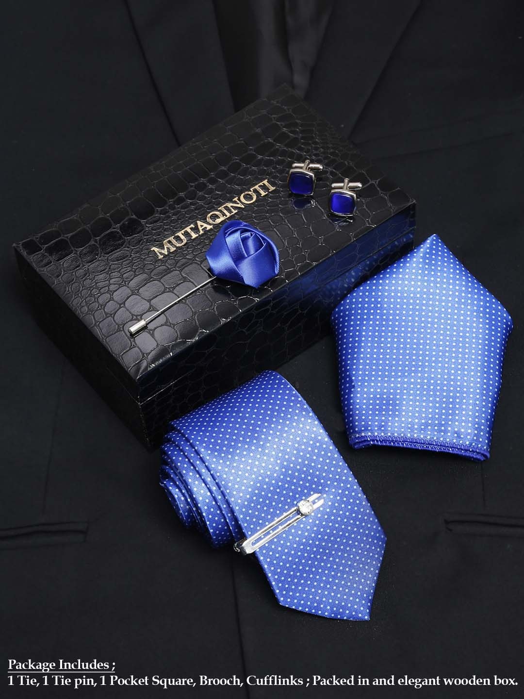 

MUTAQINOTI Men Polka Dot Blue Silk Blend Necktie Accessory Gift Set