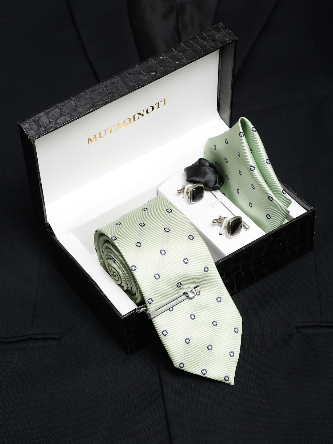 

MUTAQINOTI Men Polka Dot Printed Silk Necktie Accessory Gift Set, Green