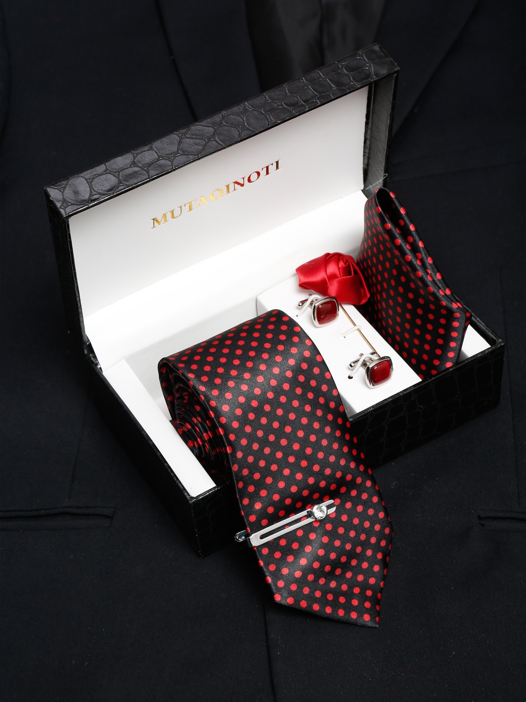 

MUTAQINOTI Men Polka Dot Print Silk Blend Necktie Accessory Gift Set, Black