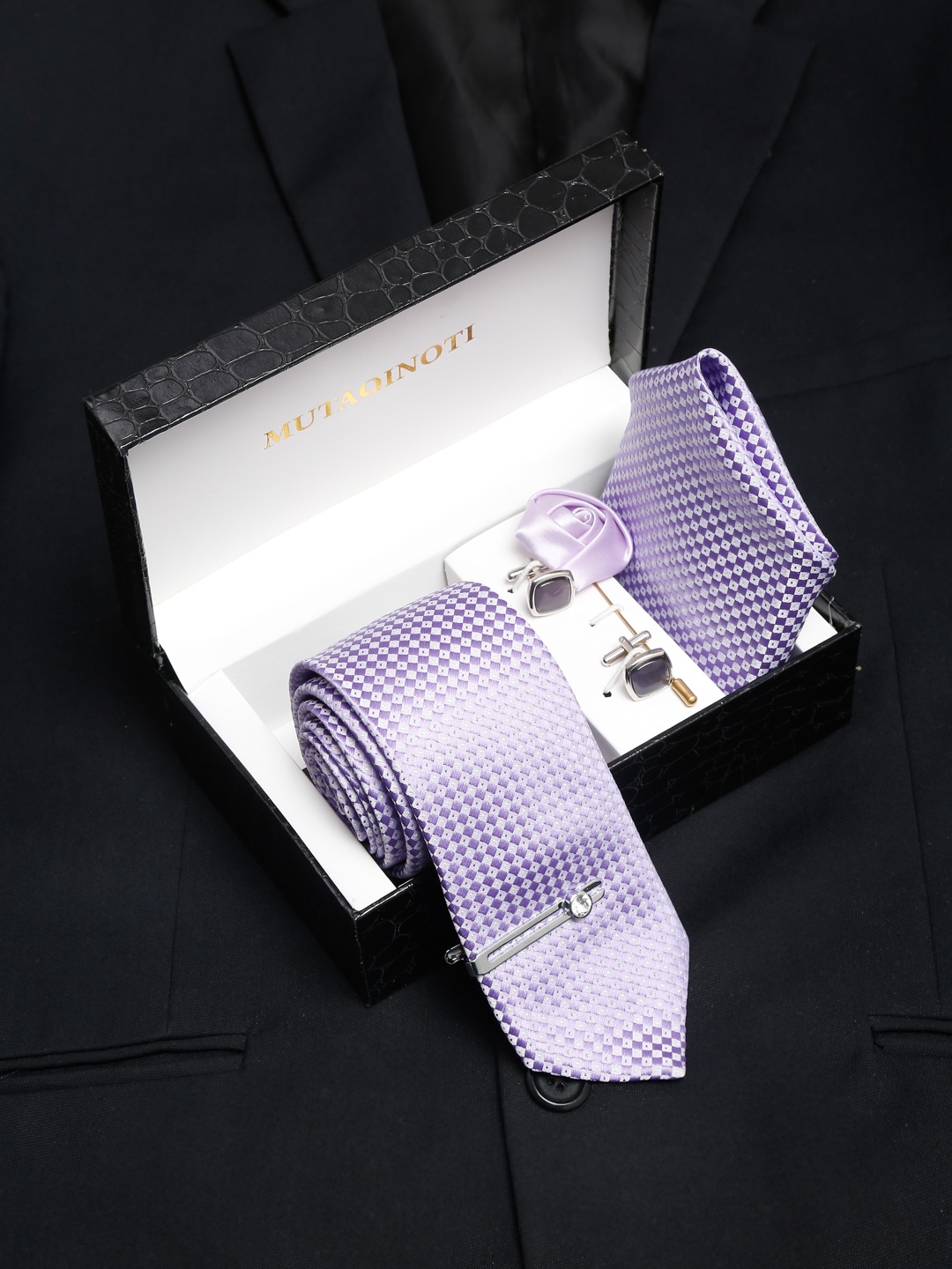 

MUTAQINOTI Men Checkered Silk Necktie Accessory Gift Set, Grey