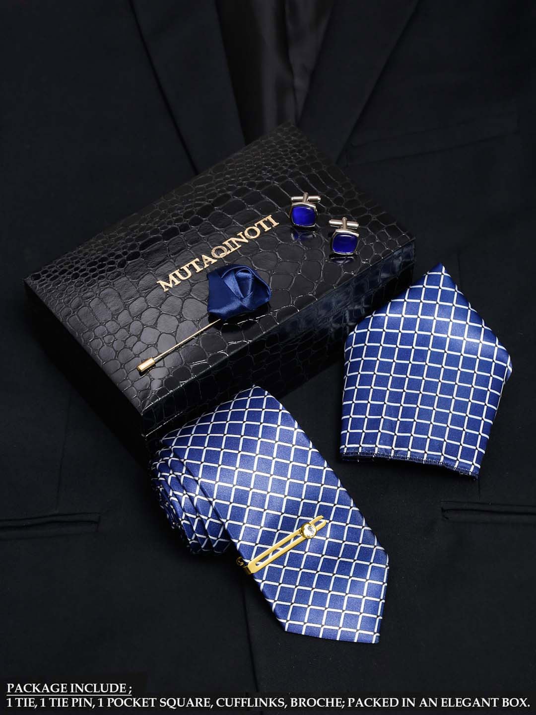 

MUTAQINOTI Men Checked Necktie Accessory Gift Set, Blue