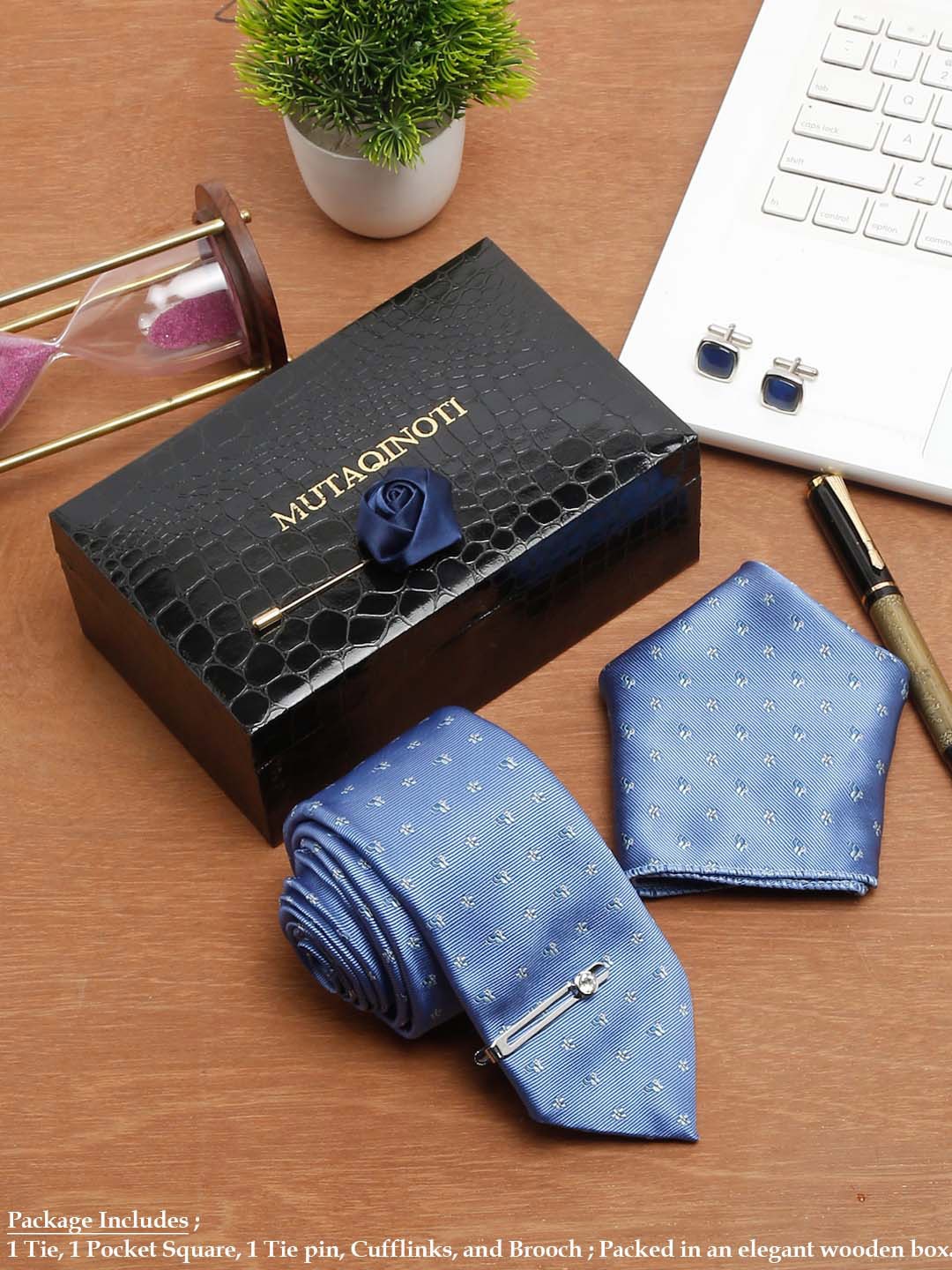 

MUTAQINOTI Men Floral Self Design Silk Necktie Accessory Gift Set, Blue