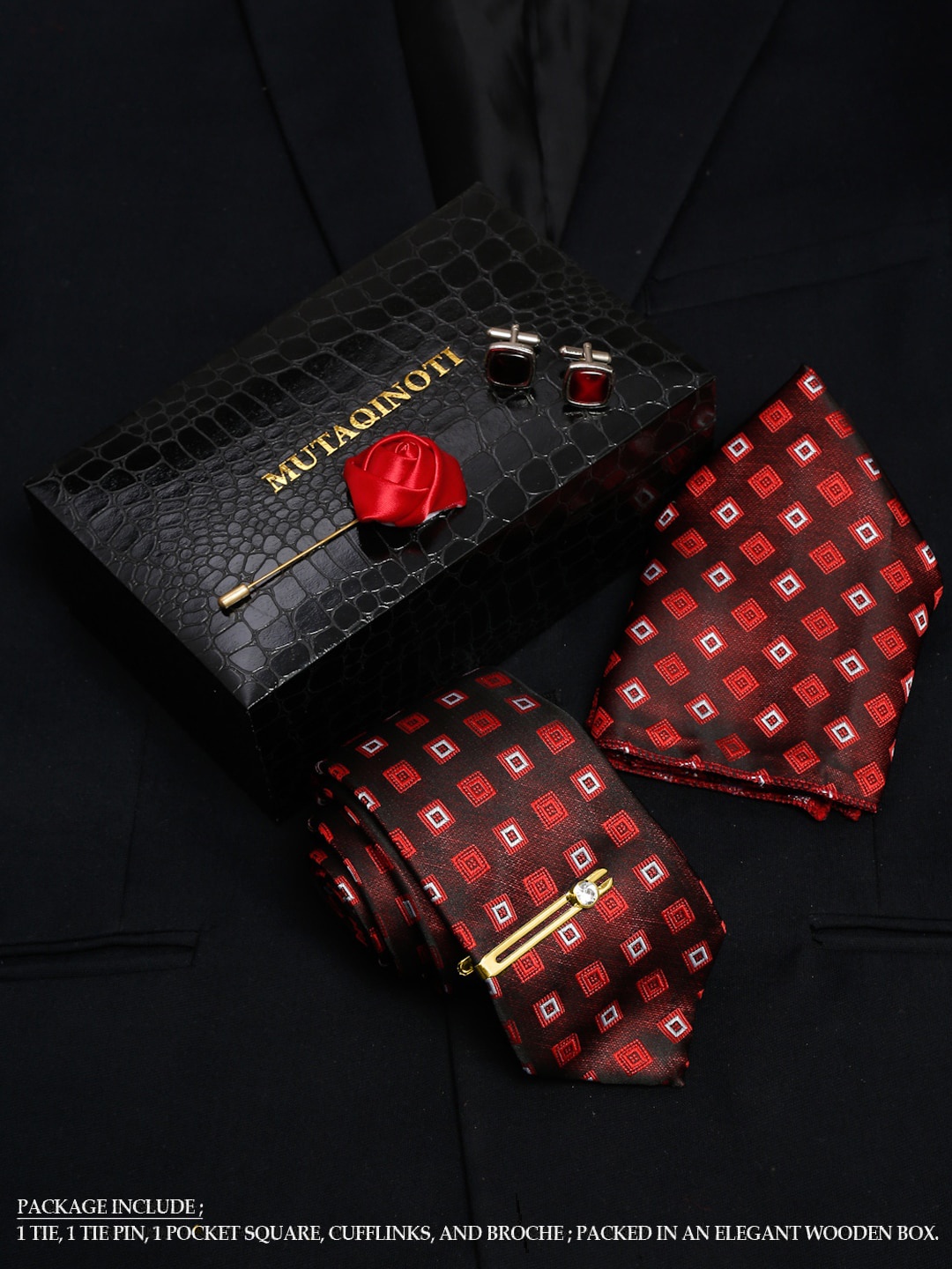 

MUTAQINOTI Men Silk Necktie Accessory Gift Set, Maroon