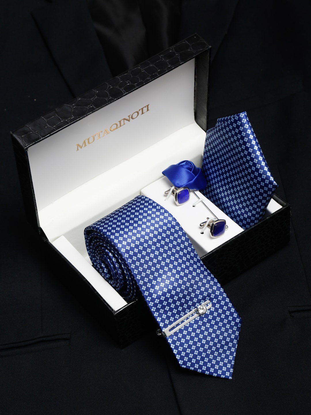 

MUTAQINOTI Men Silk Blend Necktie Accessory Gift Set, Blue