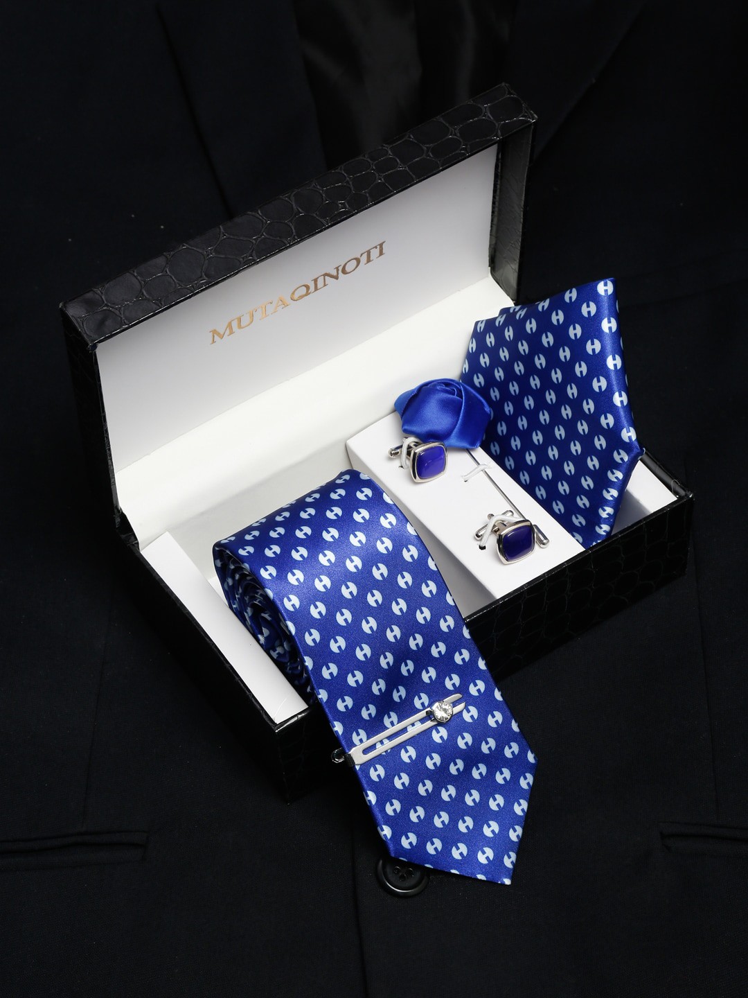 

MUTAQINOTI Men Geometric Print Silk Blend Necktie Accessory Gift Set, Blue