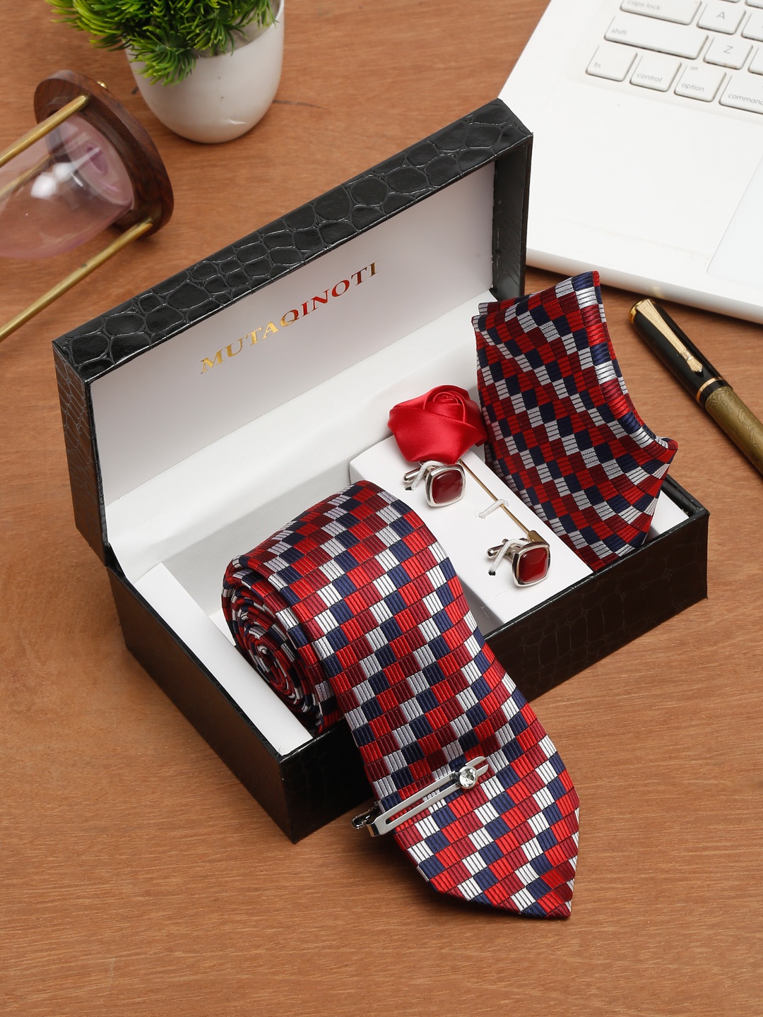 

MUTAQINOTI Men Silk Blend Necktie Accessory Gift Set, Red