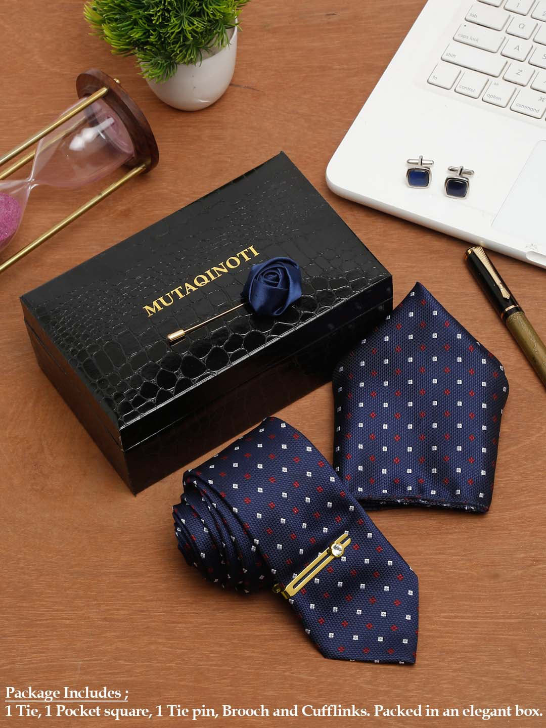

MUTAQINOTI Men Geometric Textrured Silk Necktie Accessory Gift Set, Blue