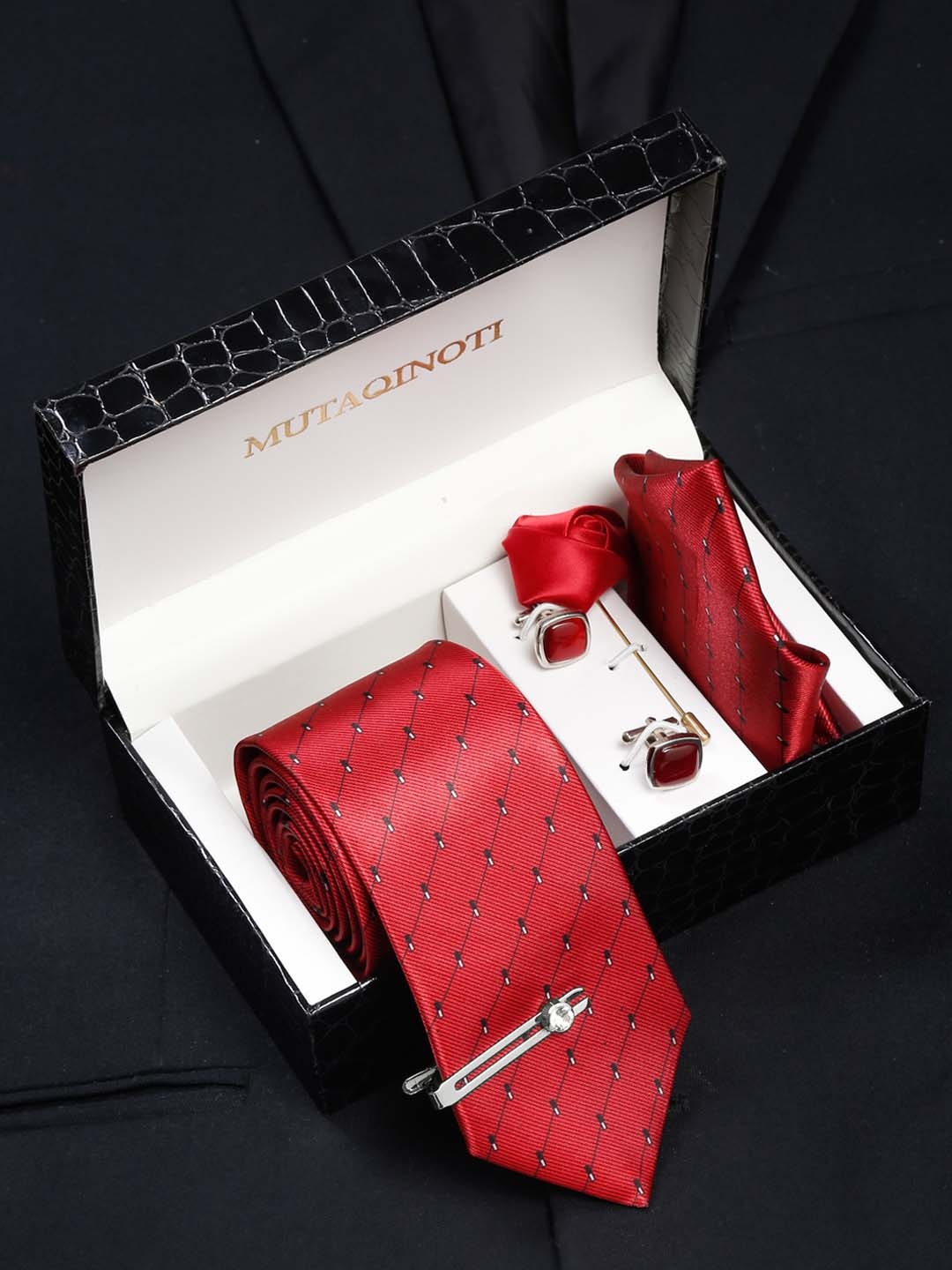 

MUTAQINOTI Men Checked Silk Formal Accessory Gift Set, Red