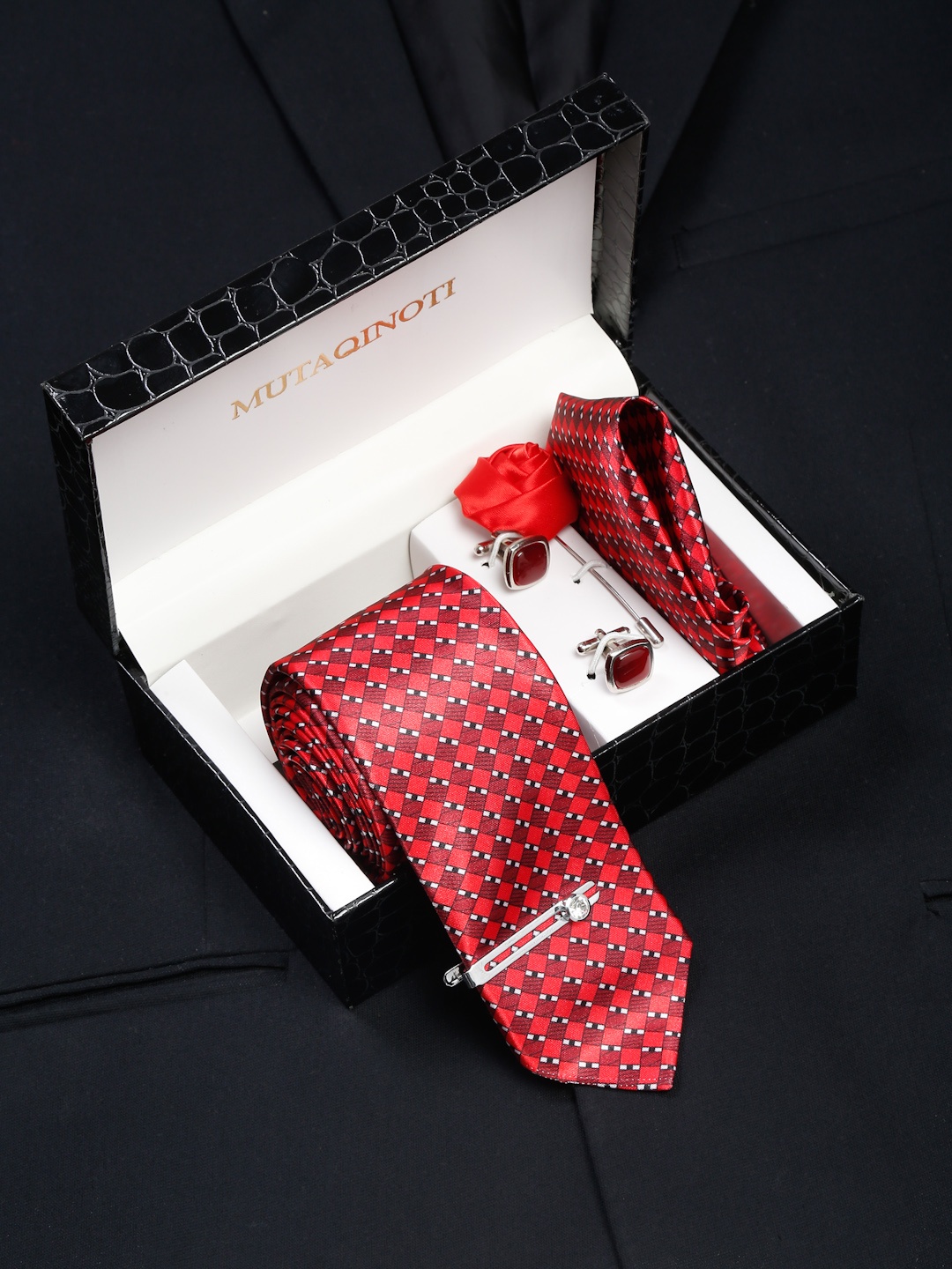 

MUTAQINOTI Men Formal Tie Accessory Gift Set, Red