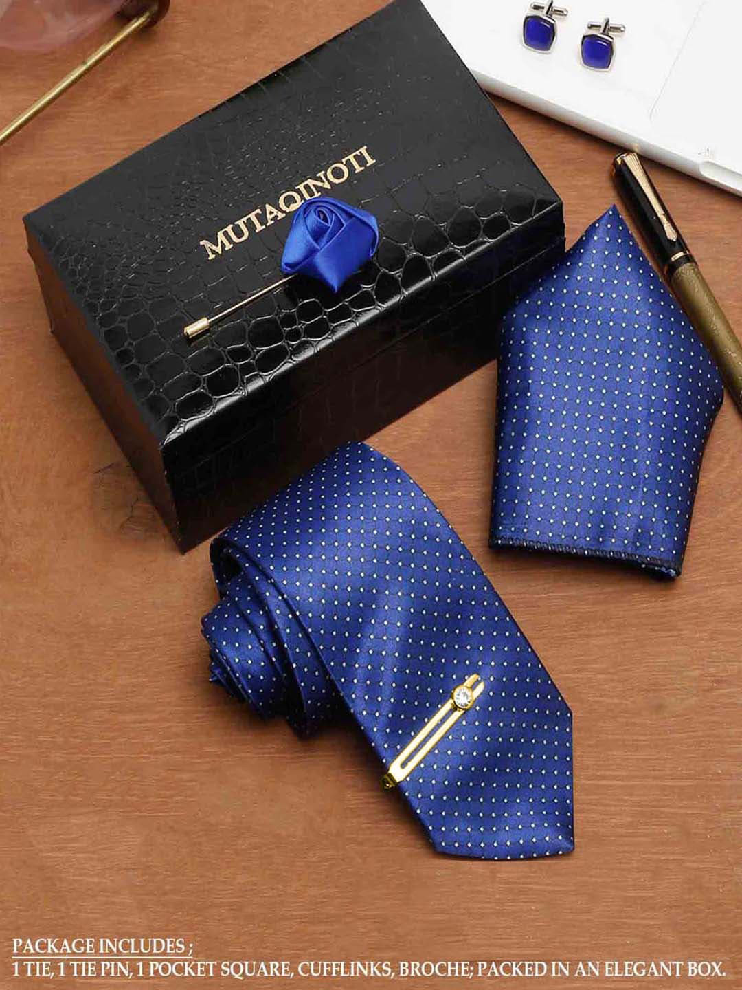 

MUTAQINOTI Men Silk Blend Necktie Accessory Gift Set, Blue