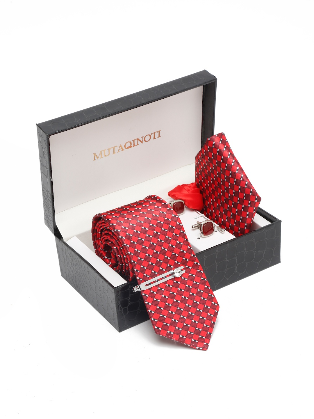 

MUTAQINOTI Men Printed Tie Cufflinks Pocket Square Accessory Gift Set, Red