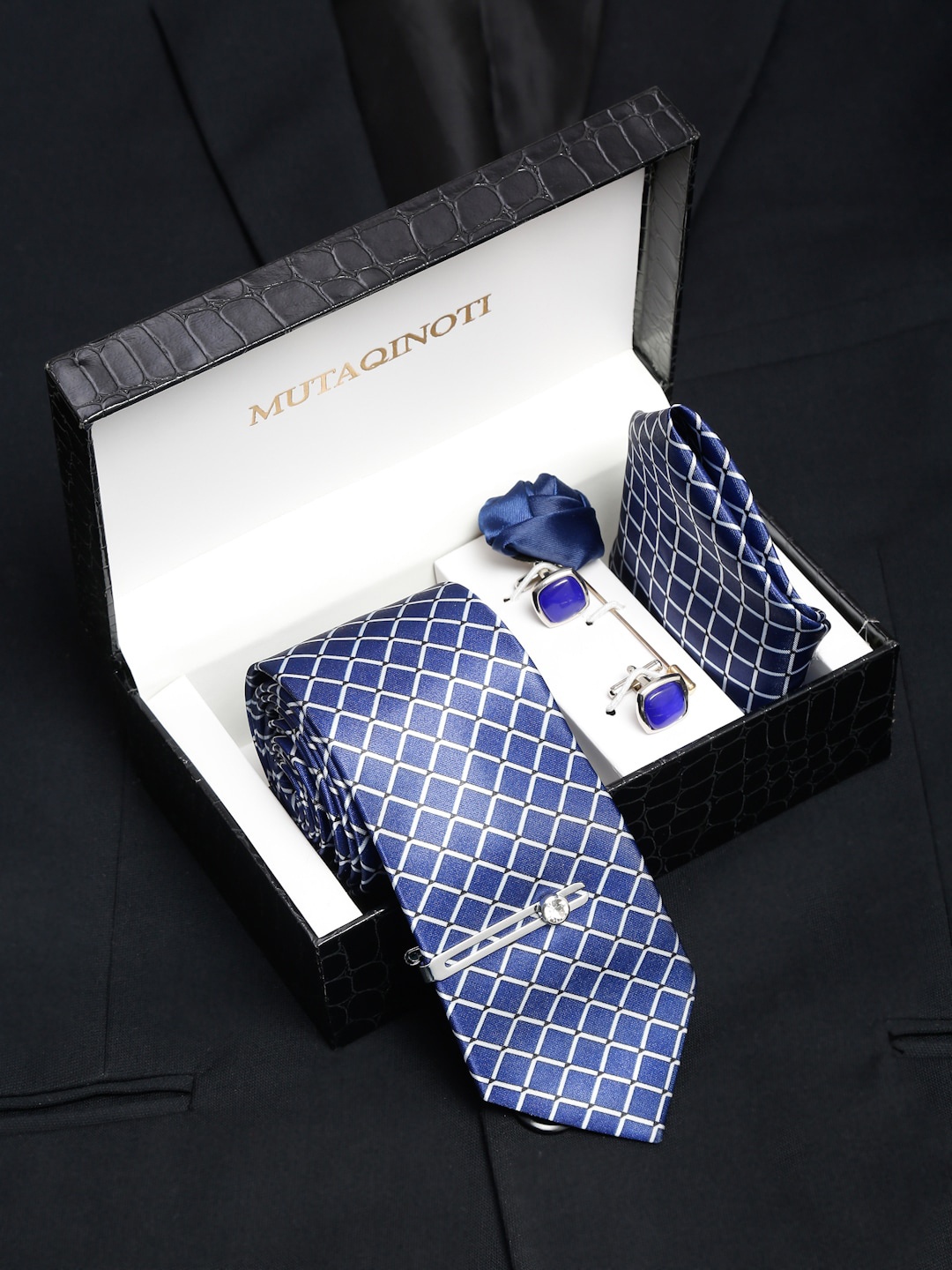 

MUTAQINOTI Men Checks Blue Silk Blend Necktie Accessory Gift Set