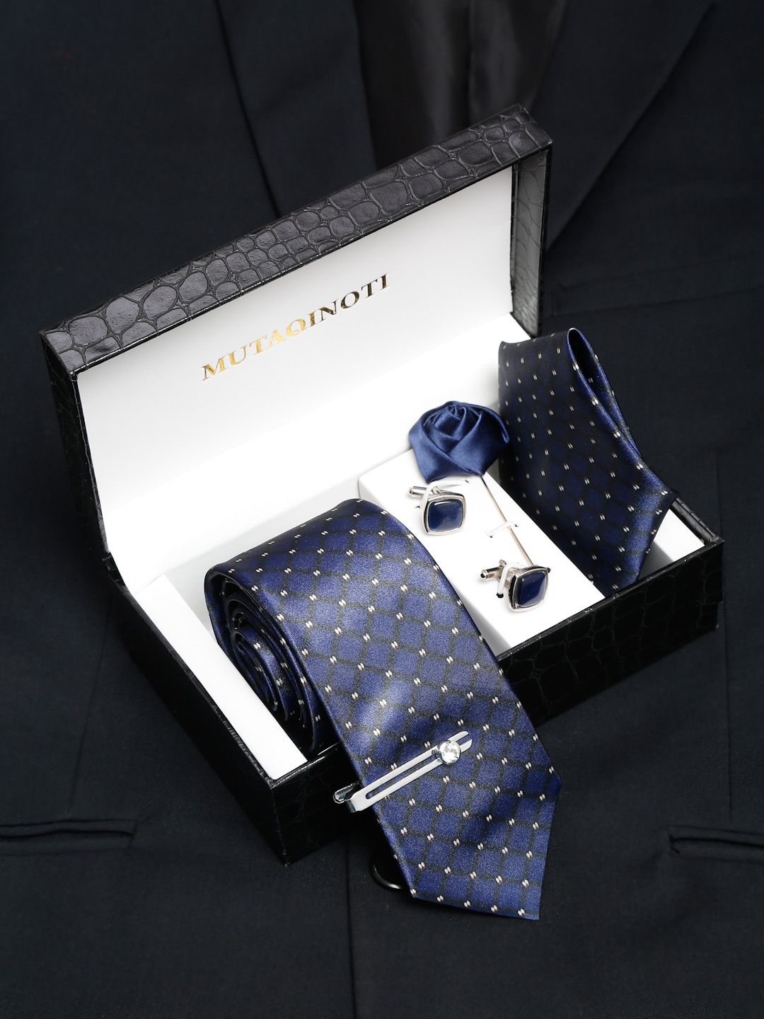 

MUTAQINOTI Men Necktie Accessory Gift Set, Navy blue