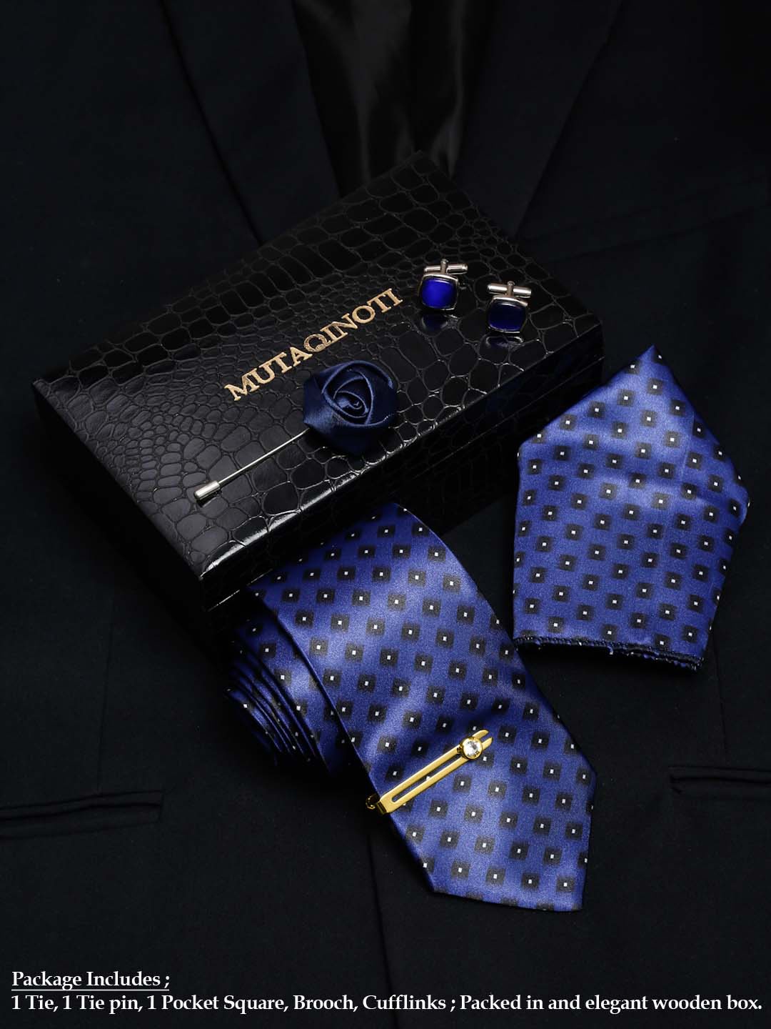 

MUTAQINOTI Men Checks Highlighted Necktie Accessory Gift Set, Blue