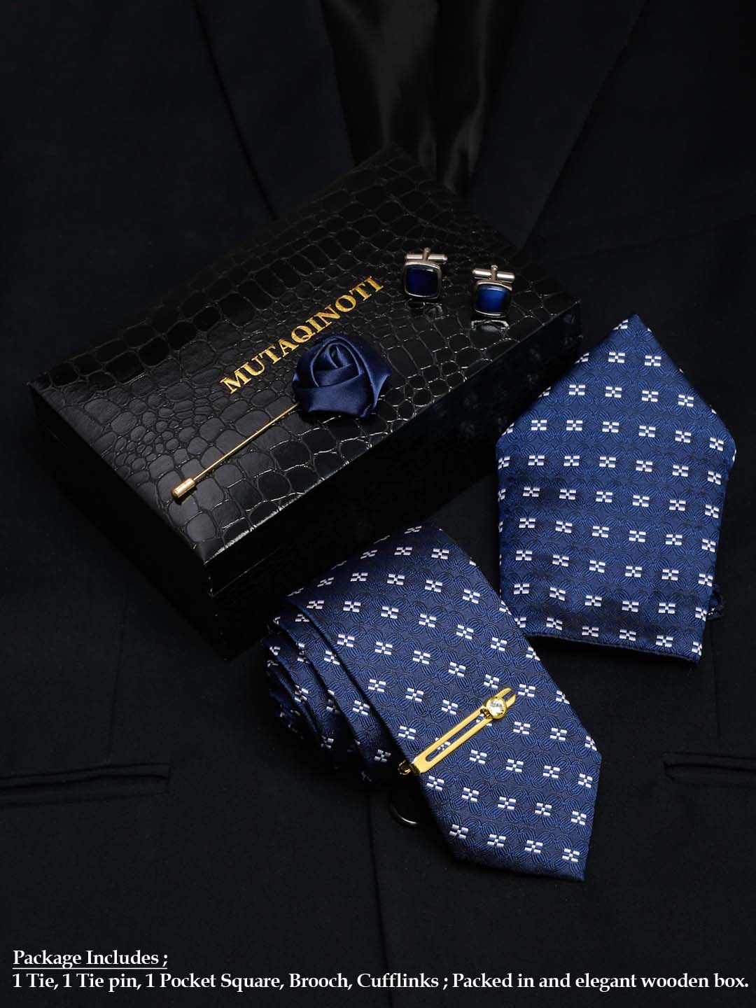 

MUTAQINOTI Men Printed Silk Necktie Accessory Gift Set, Blue