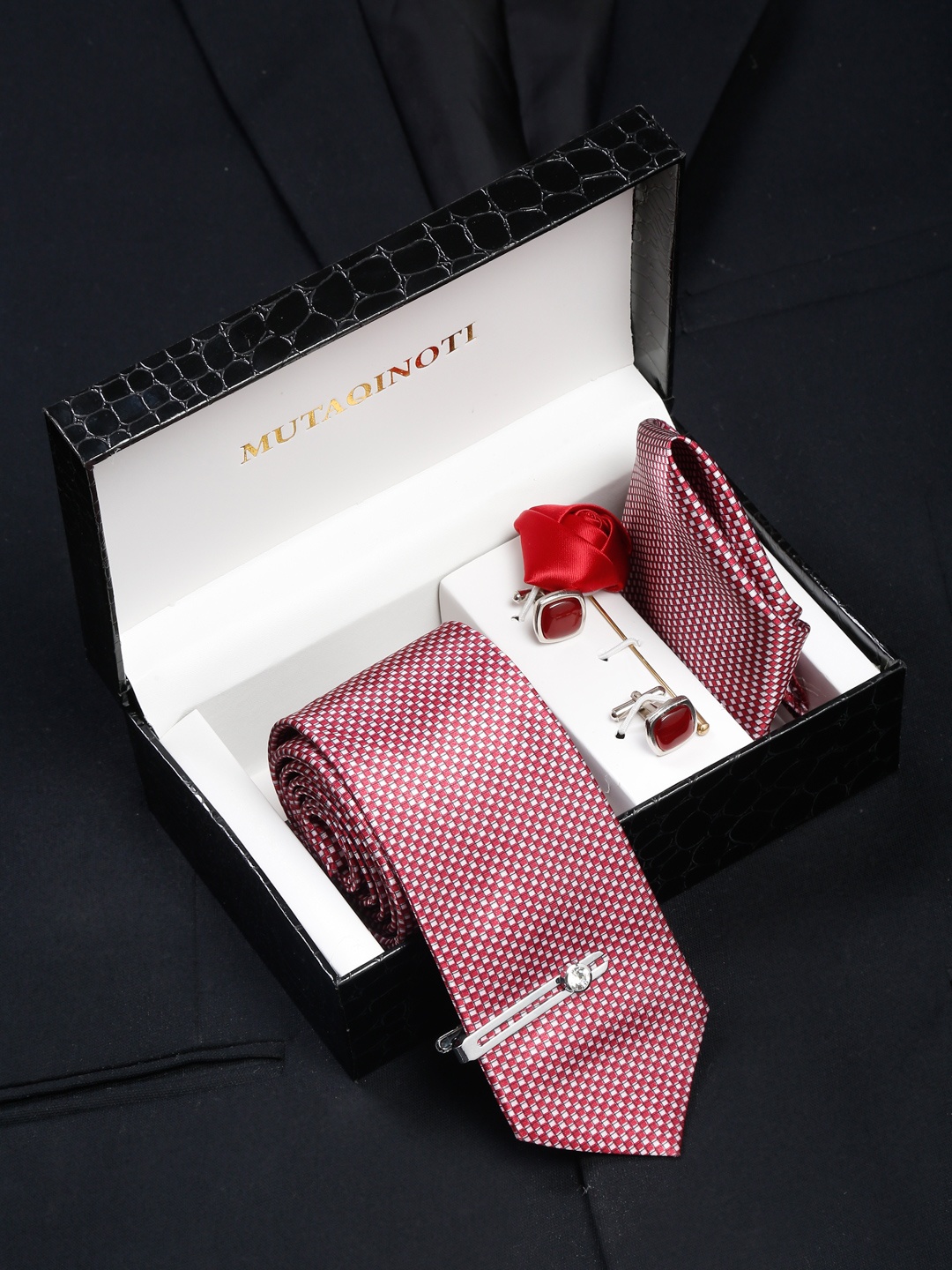 MUTAQINOTI Men Silk Necktie Accessory Gift Set, Red