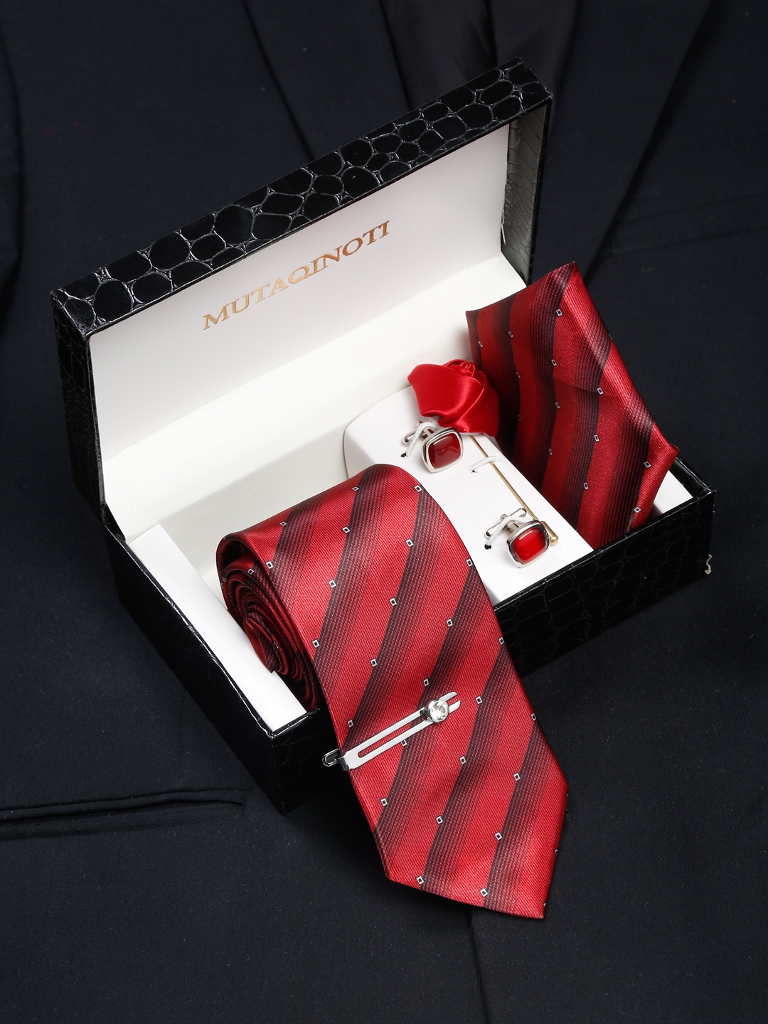 

MUTAQINOTI Men Silk Blend Necktie Accessory Gift Set, Red