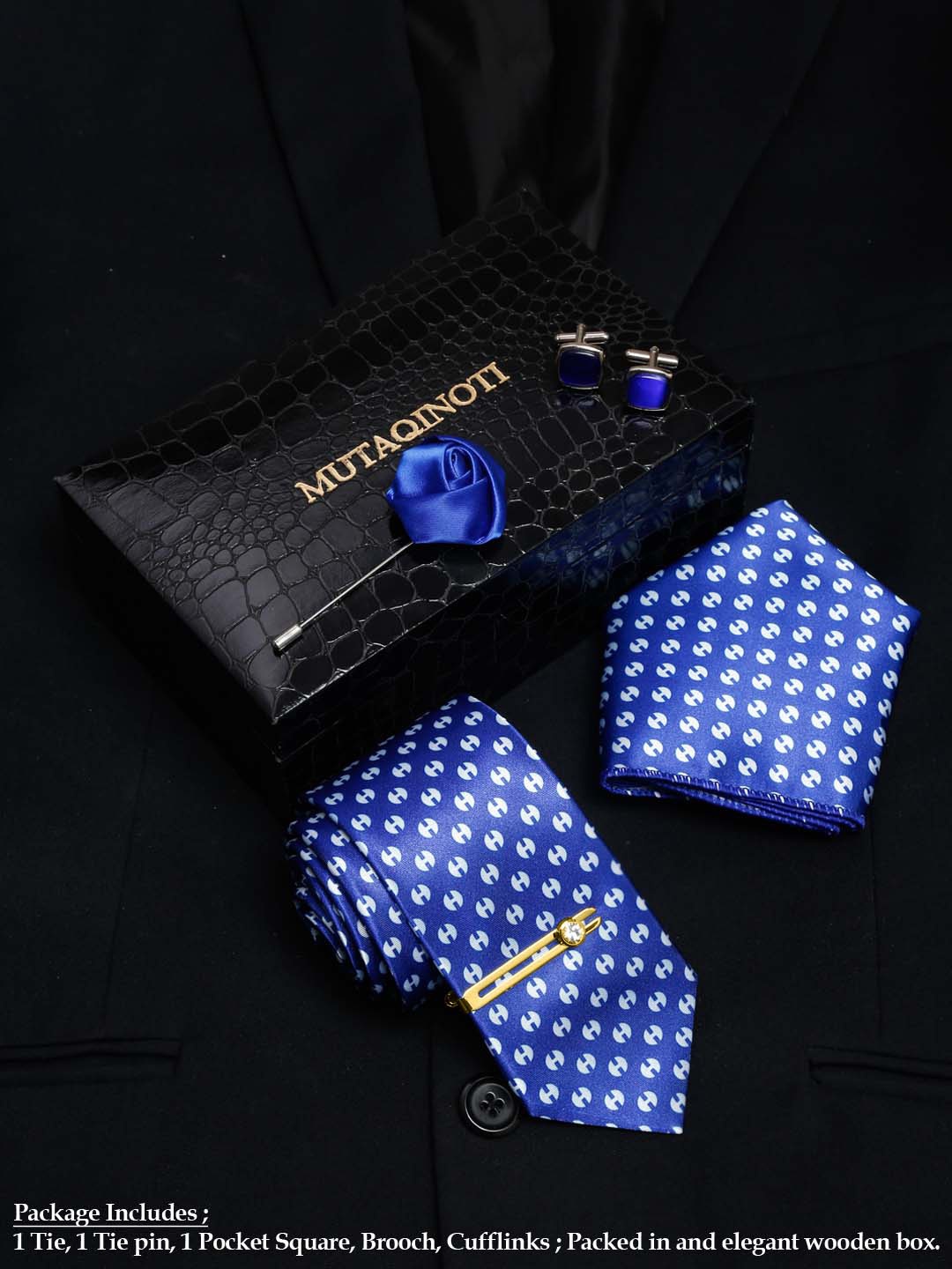 MUTAQINOTI Men Geometric Print Silk Blend Necktie Accessory Gift Set, Blue