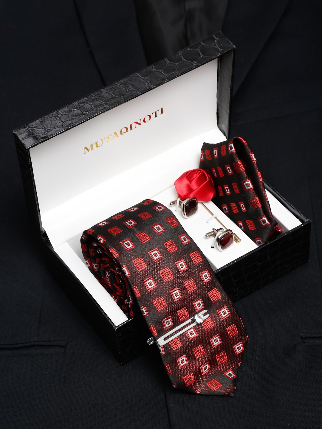

MUTAQINOTI Men Square Brown Silk Necktie Accessory Gift Set