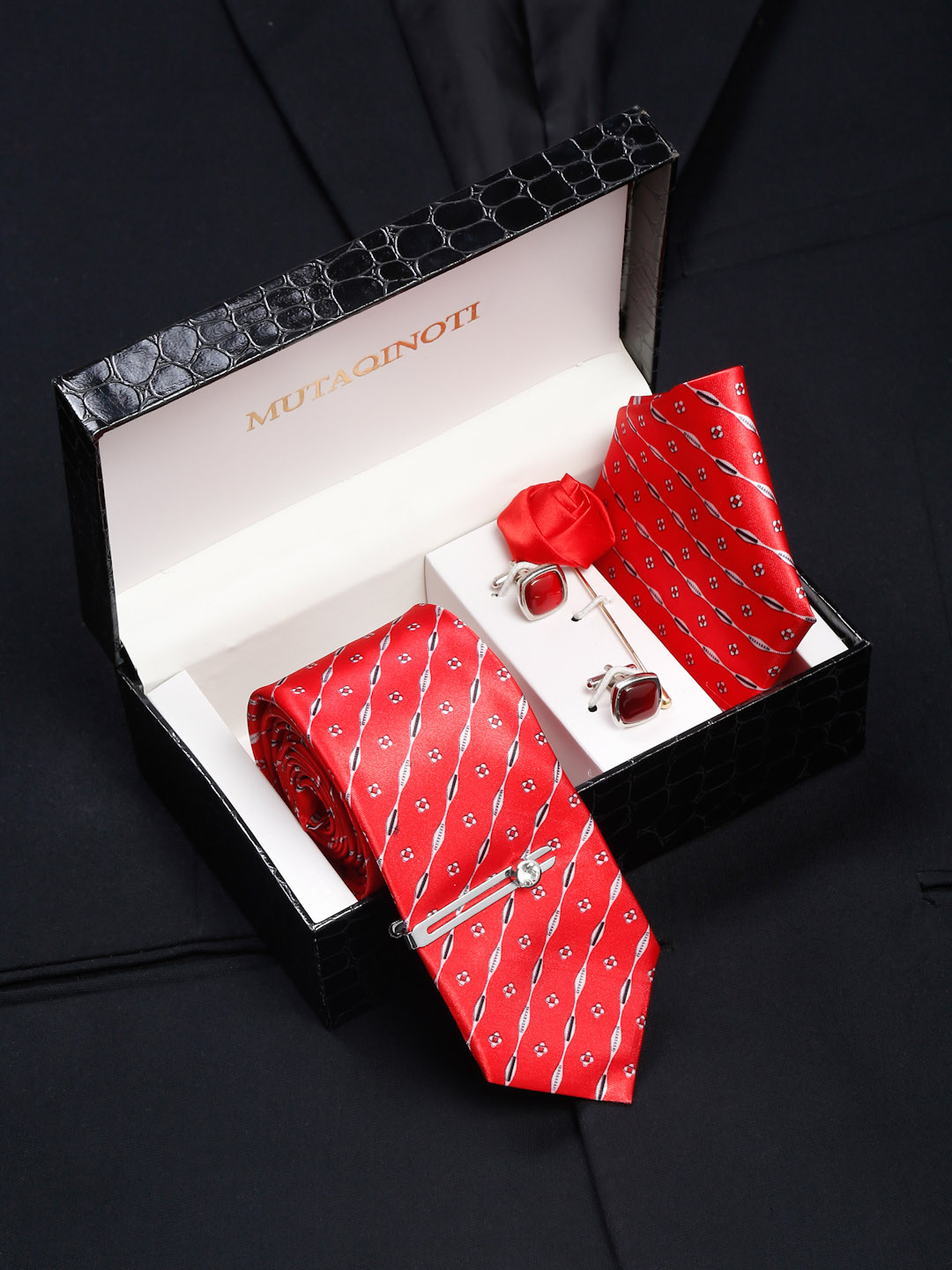 

MUTAQINOTI Men Silk Blend Necktie Accessory Gift Set, Red
