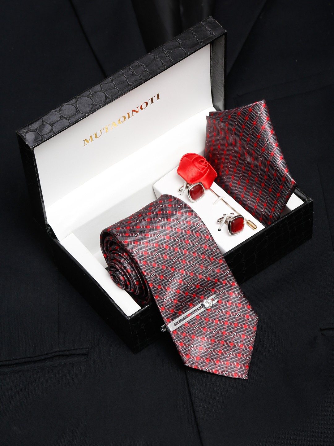 

MUTAQINOTI Men Silk Necktie Accessory Gift Set, Red