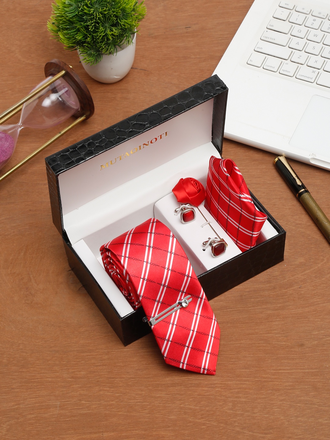 MUTAQINOTI Men Double Stripe Silk Blend Necktie Accessory Gift Set, Red