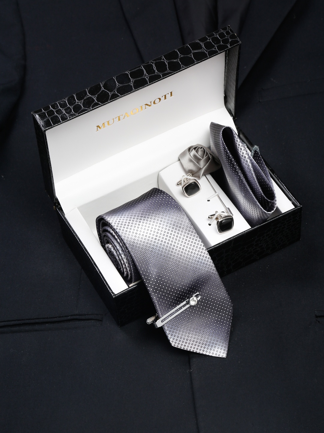 

MUTAQINOTI Men Silk Blend Necktie Accessory Gift Set, Grey