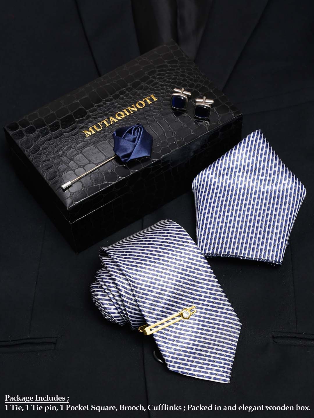 

MUTAQINOTI Men Striped & Printed Silk Blend Necktie Accessory Gift Set, Blue