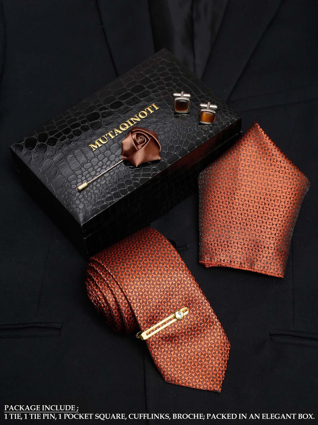 

MUTAQINOTI Men Floral Brown Silk Necktie Accessory Gift Set