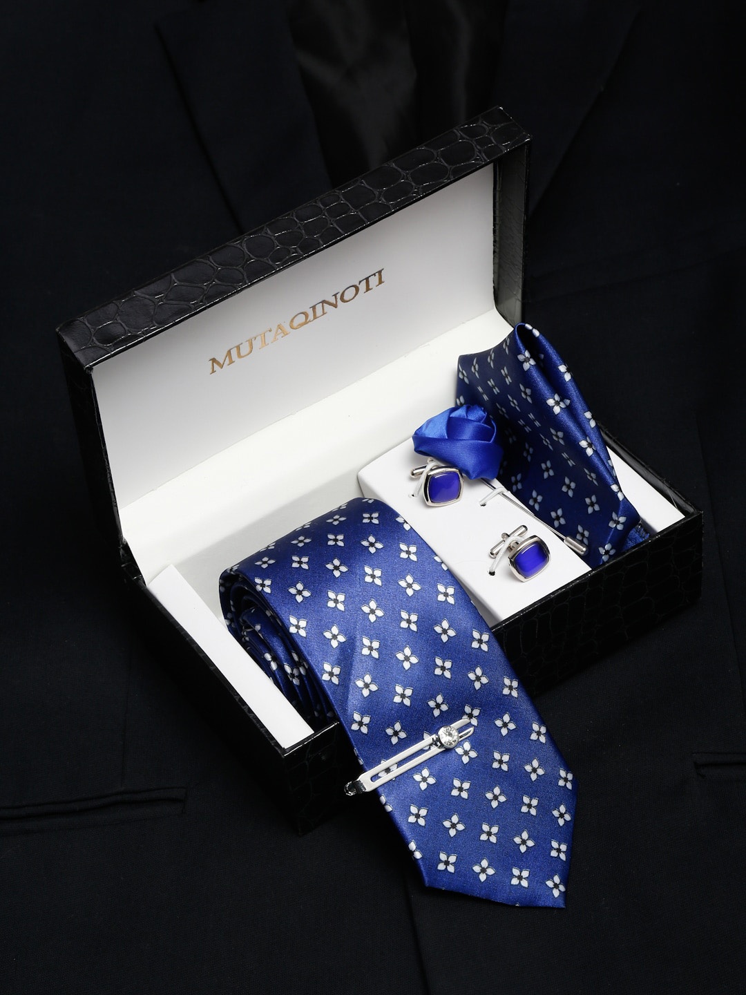 

MUTAQINOTI Men Floral Blue Silk Blend Necktie Accessory Gift Set