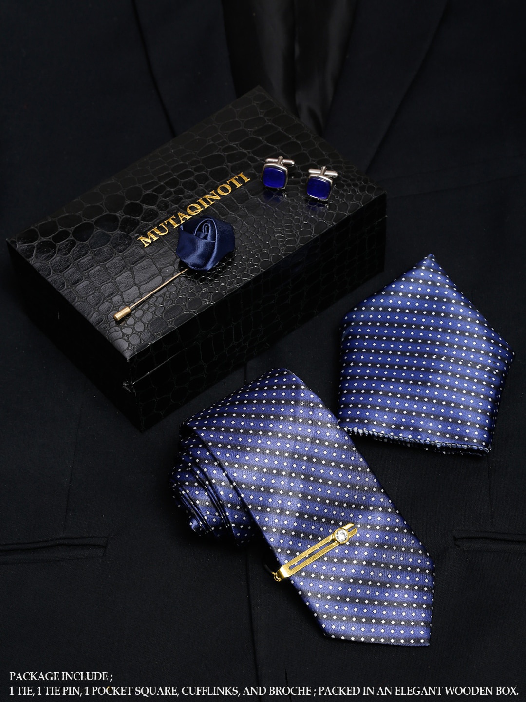

MUTAQINOTI Men Printed Necktie Accessory Gift Set, Blue