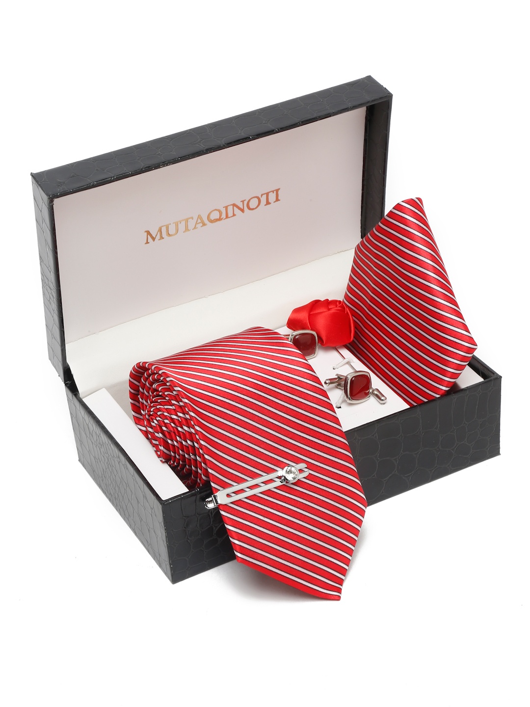 

MUTAQINOTI Men Stripes Necktie Accessory Gift Set, Red