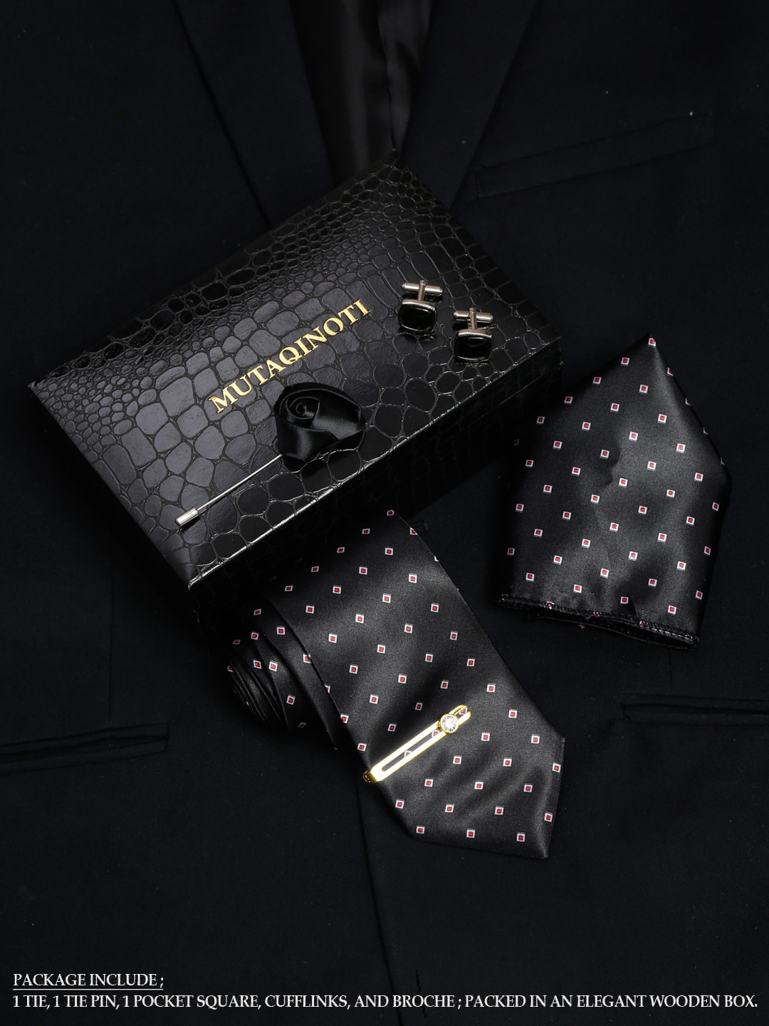 

MUTAQINOTI Men Square Black Silk Blend Necktie Accessory Gift Set