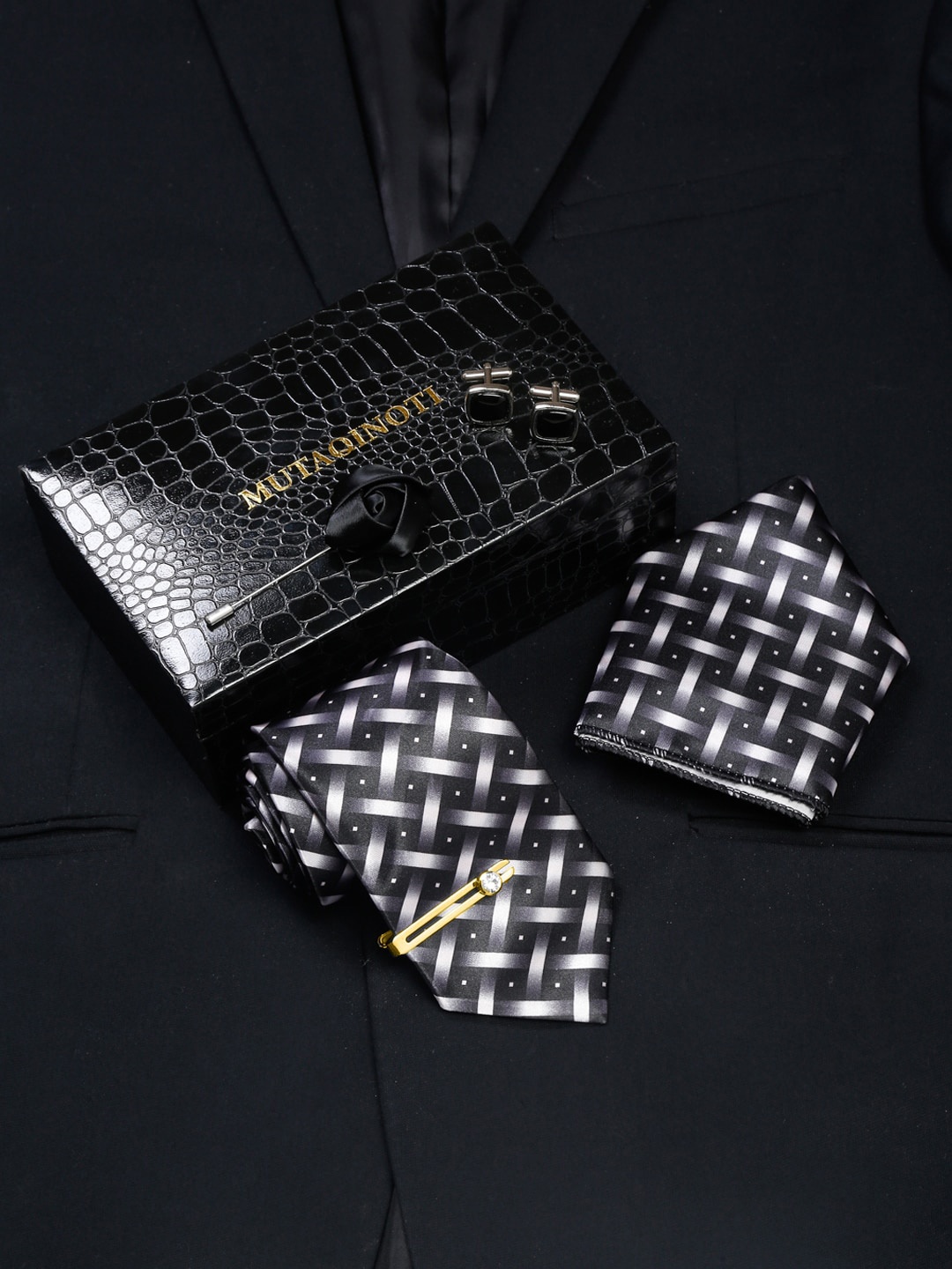 

MUTAQINOTI Men Checkered Black Silk Blend Necktie Accessory Gift Set