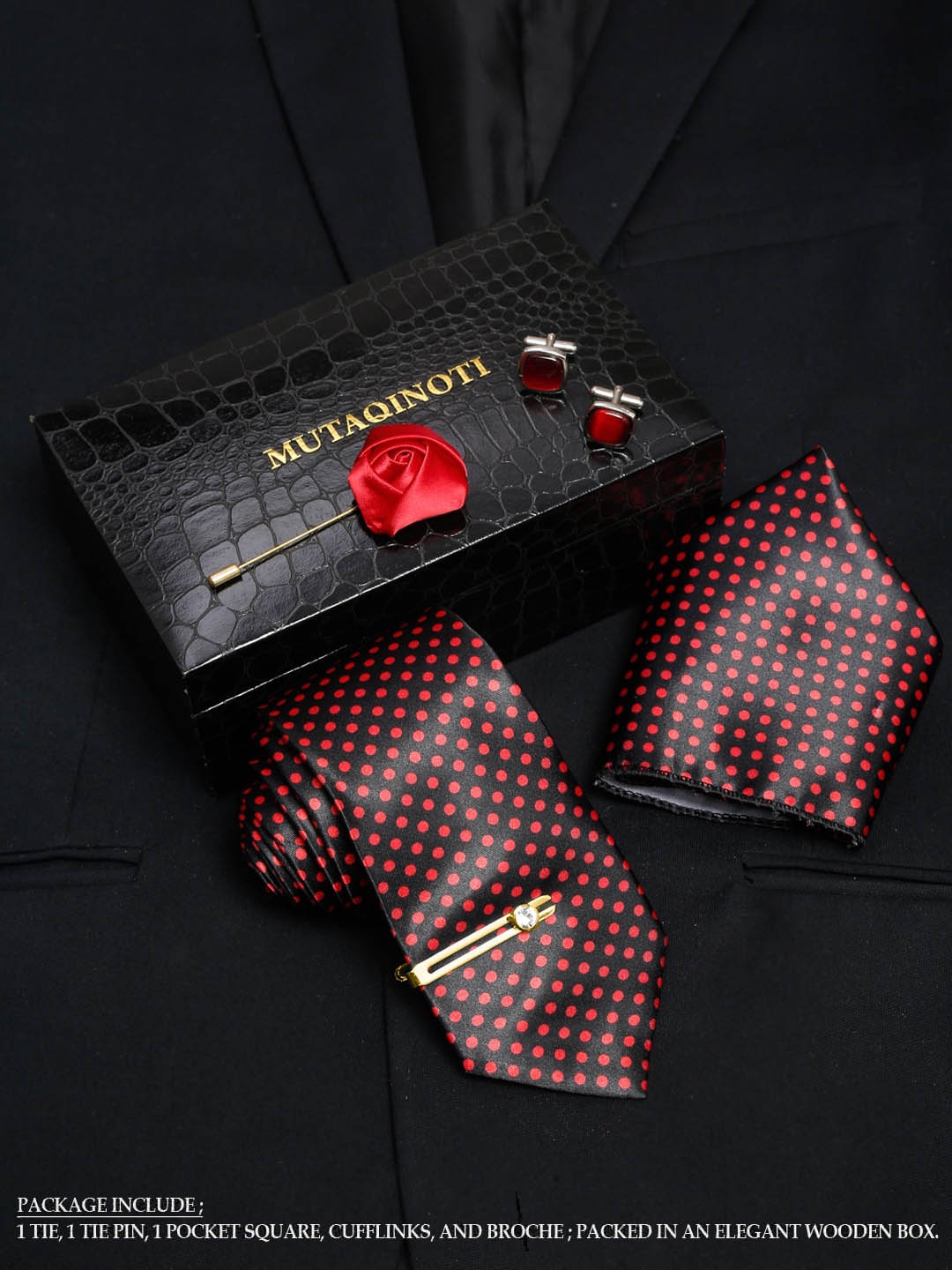 

MUTAQINOTI Men Polka Dot Print Silk Blend Necktie Accessory Gift Set, Black