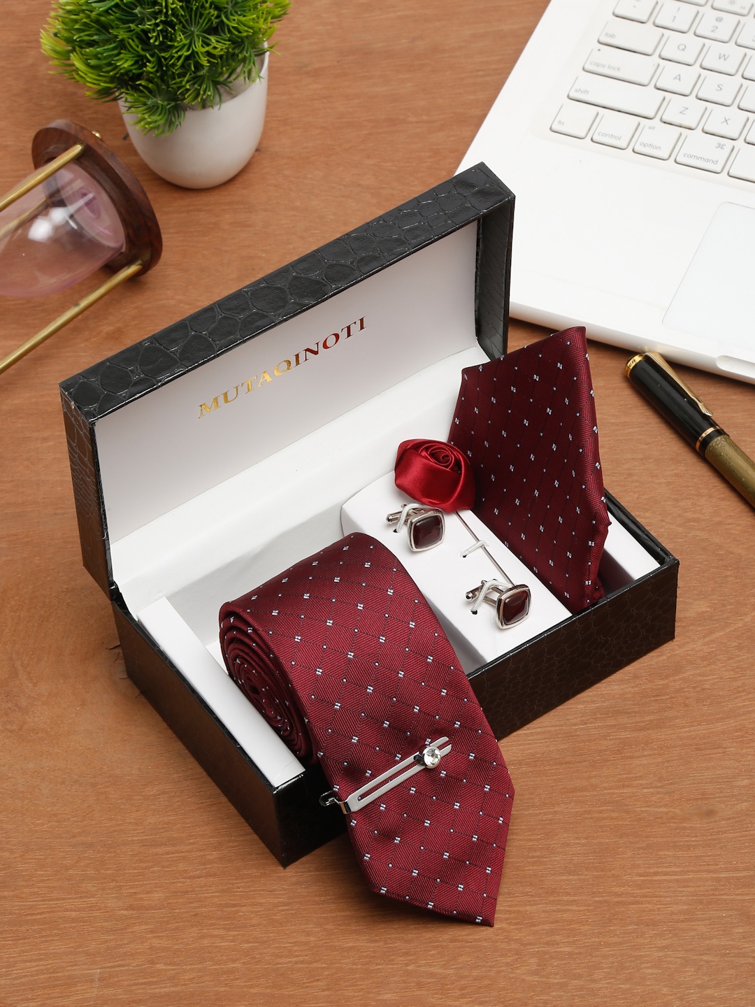 

MUTAQINOTI Men Checks Silk Necktie Accessory Gift Set, Maroon