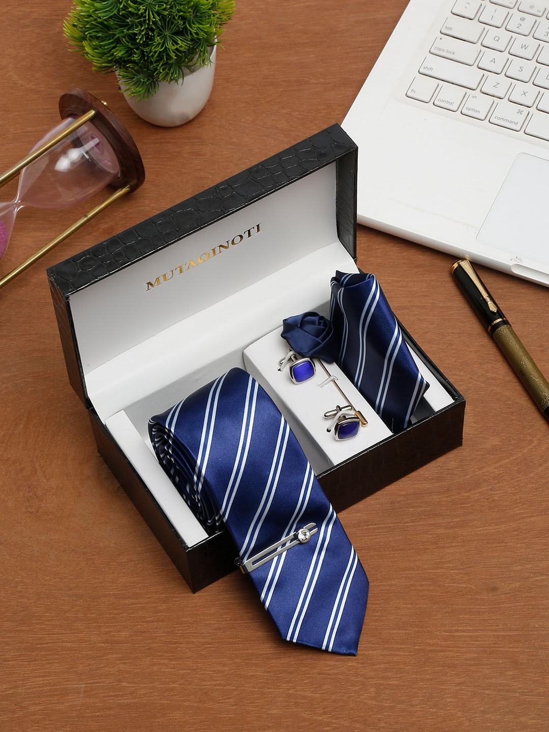 

MUTAQINOTI Men Striped Dark Blue Silk Blend Necktie Accessory Gift Set