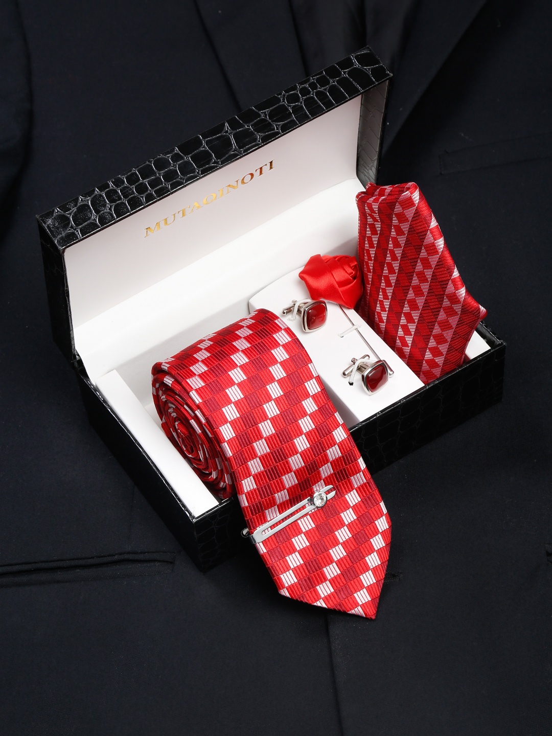 

MUTAQINOTI Men Checkered Silk Necktie Accessory Gift Set, Red