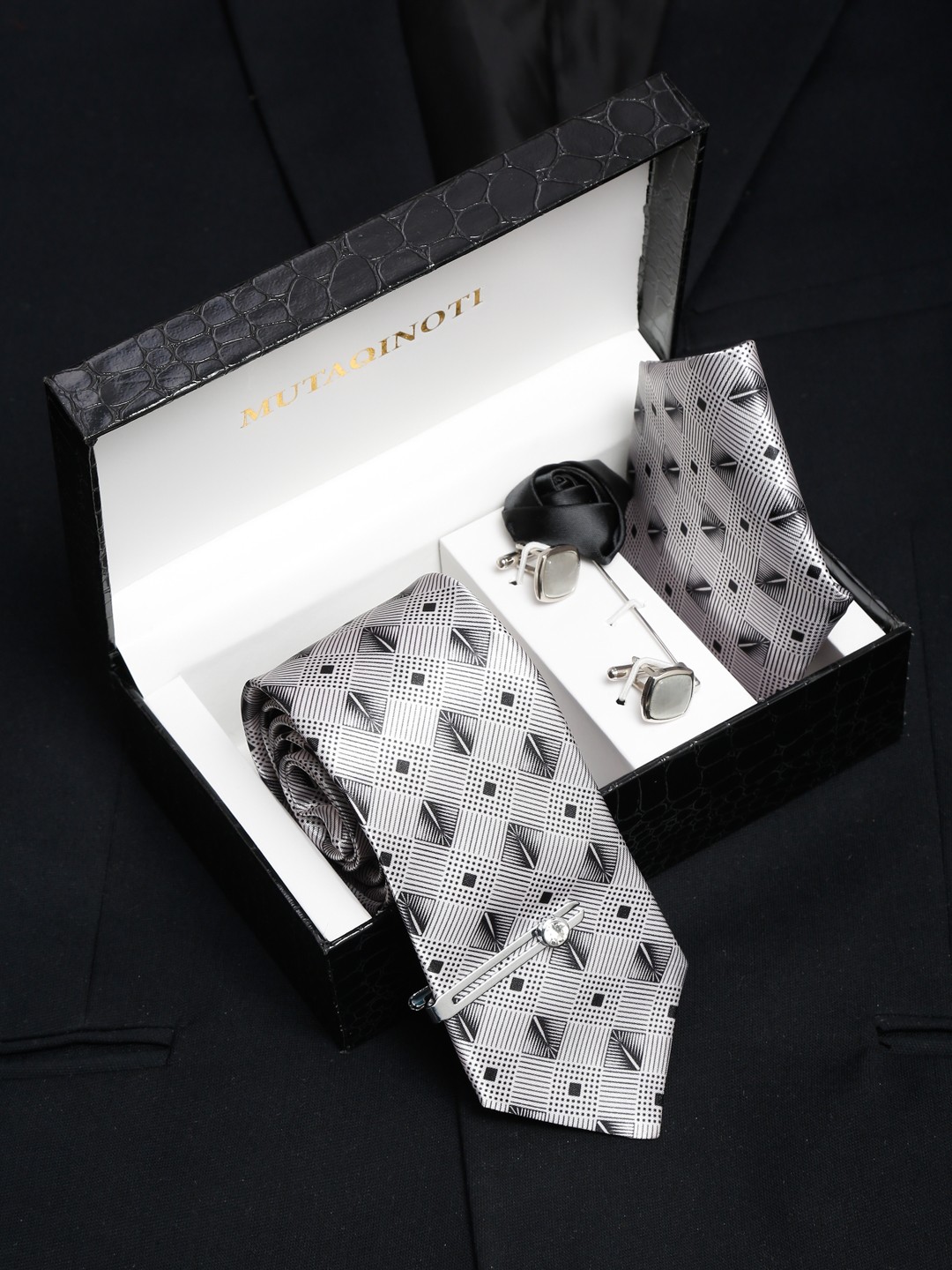 

MUTAQINOTI Men Silk Necktie Accessory Gift Set, Grey
