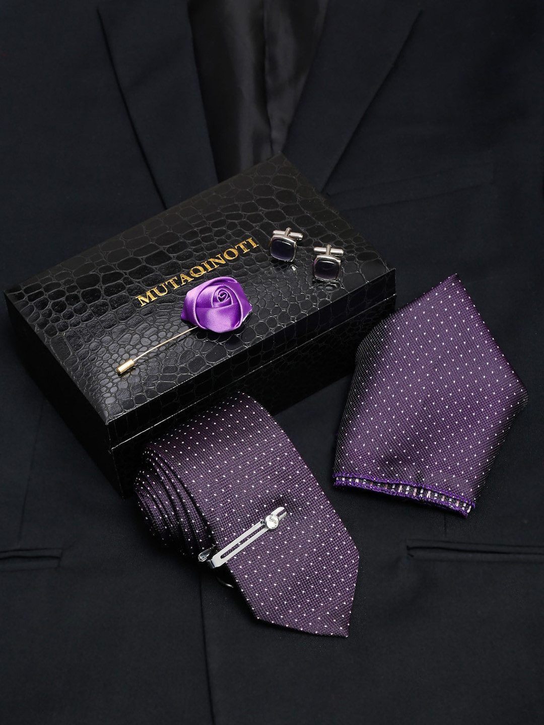 

MUTAQINOTI Men Dotted Pattern Silk Formal Accessory Gift Set, Purple