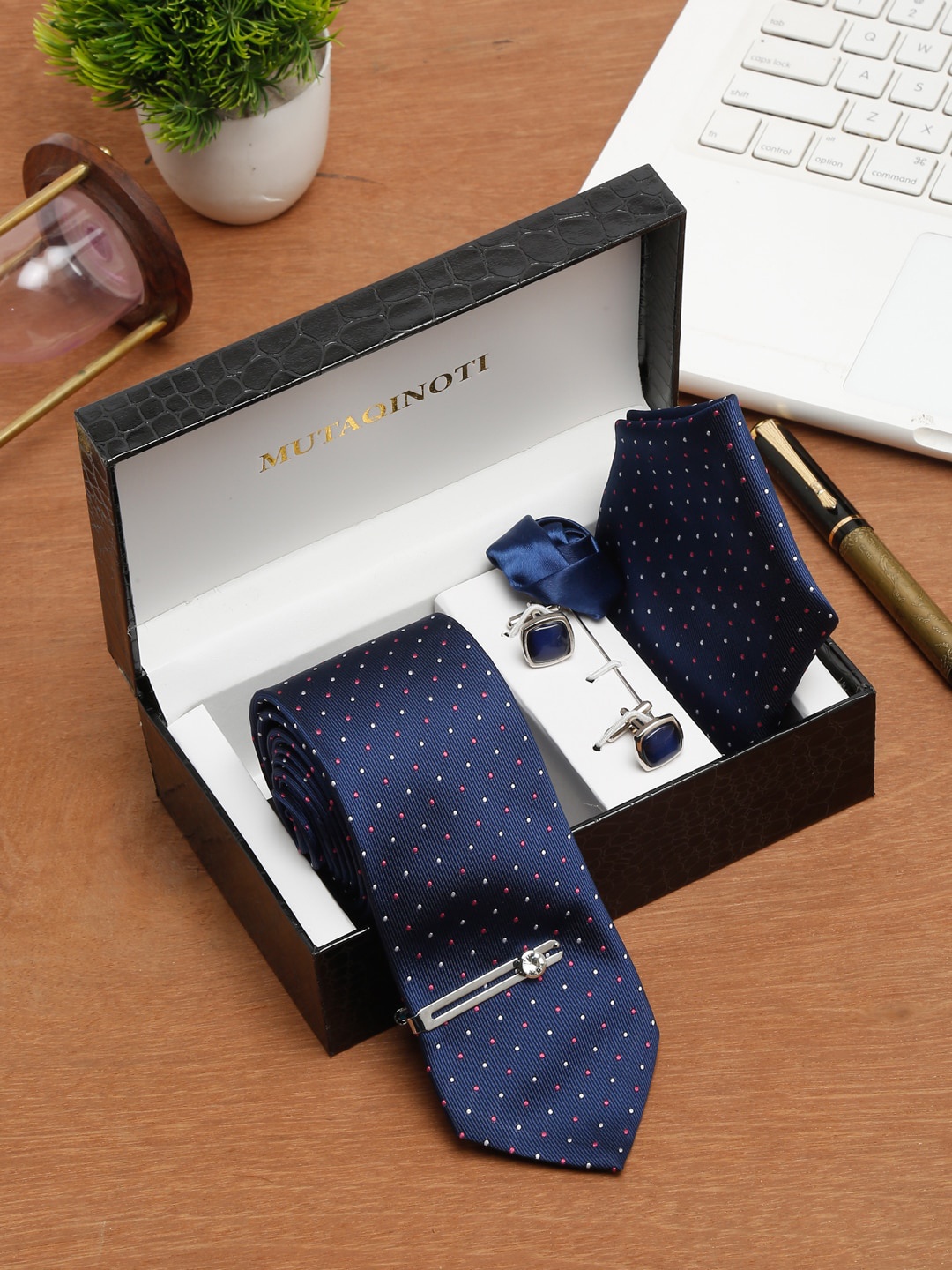 

MUTAQINOTI Men Dotted Blue Silk Necktie Accessory Gift Set, Navy blue