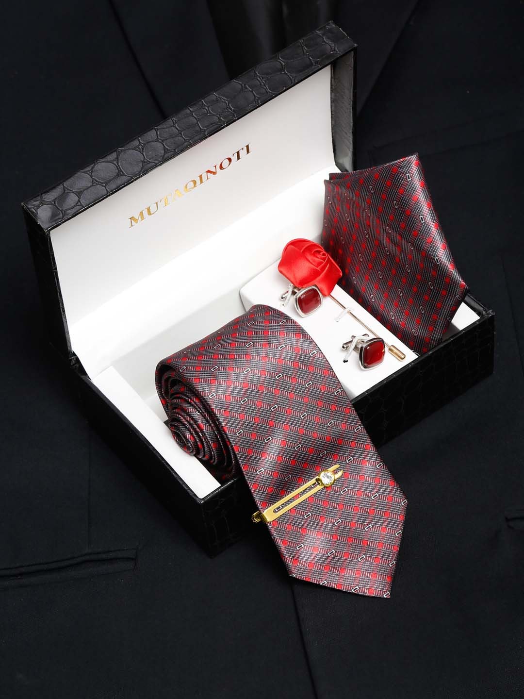 

MUTAQINOTI Men Silk Necktie Accessory Gift Set, Red