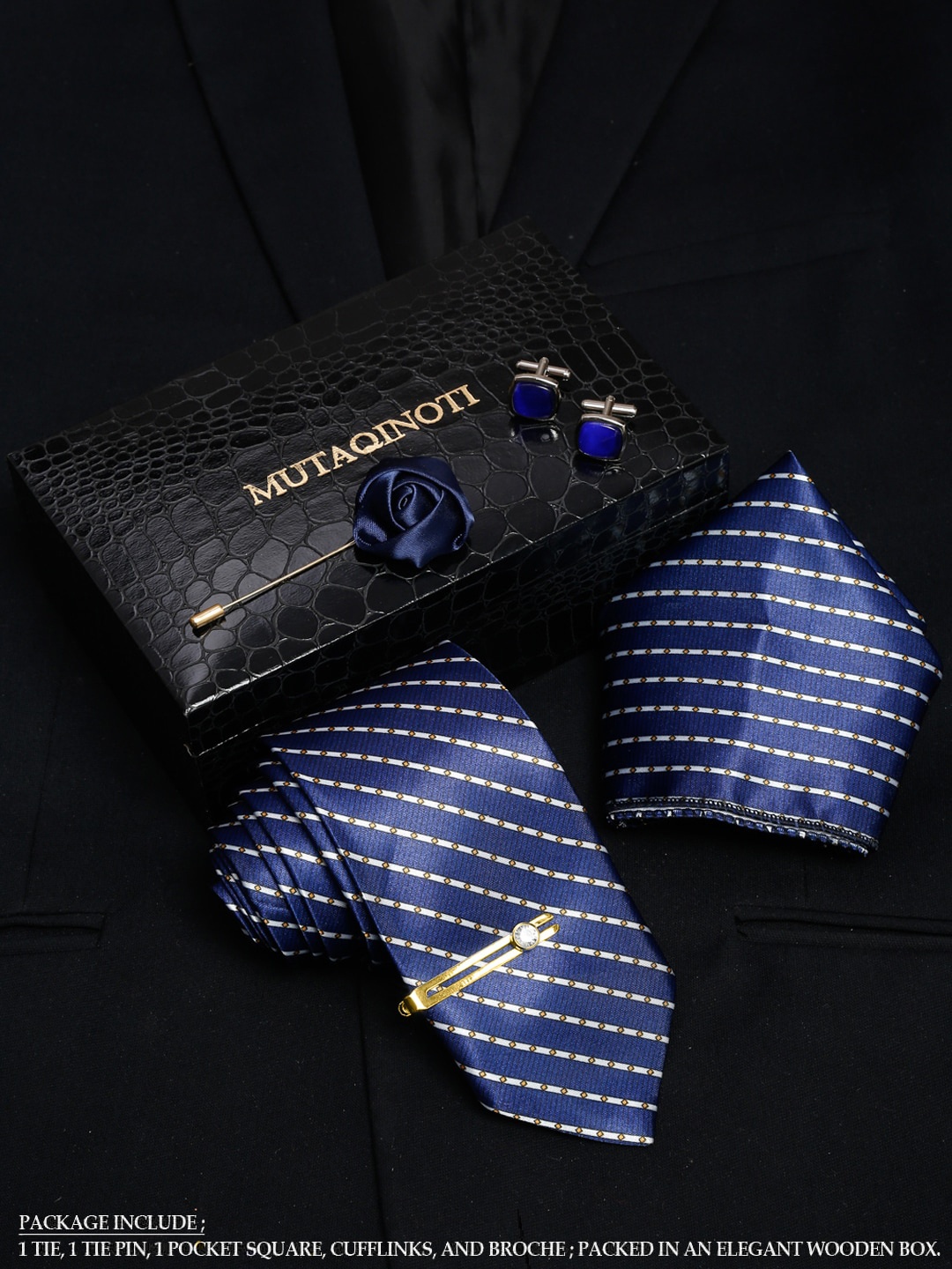 

MUTAQINOTI Men Striped Necktie Accessory Gift Set, Blue